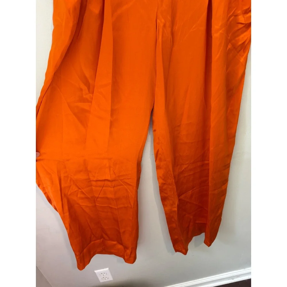 L'AGENCE Orange Satin Wide Leg Pleated Trousers High Rise Pants Size 14 NEW